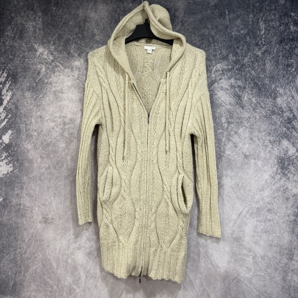 J Jill Sweater Women S Beige Wool Blend Cable Knit Hooded Full Zip Cardigan